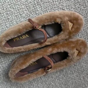 Prada Brown Shearling Mary Jane Flats with Gold Logo